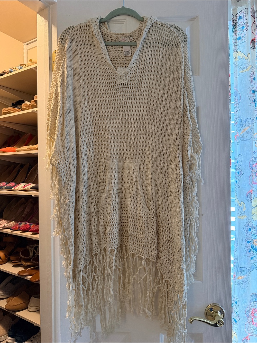Free People Cream Open-Knit Fringe Poncho Sweater